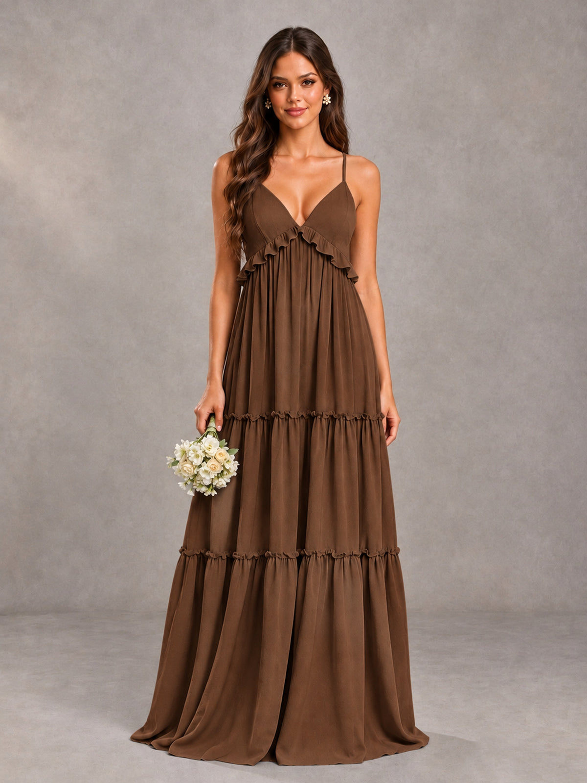 BOLODOO Brown Tiered V-Neck Lace-Up Back Bridesmaid Dress - Brown - Brown (1)