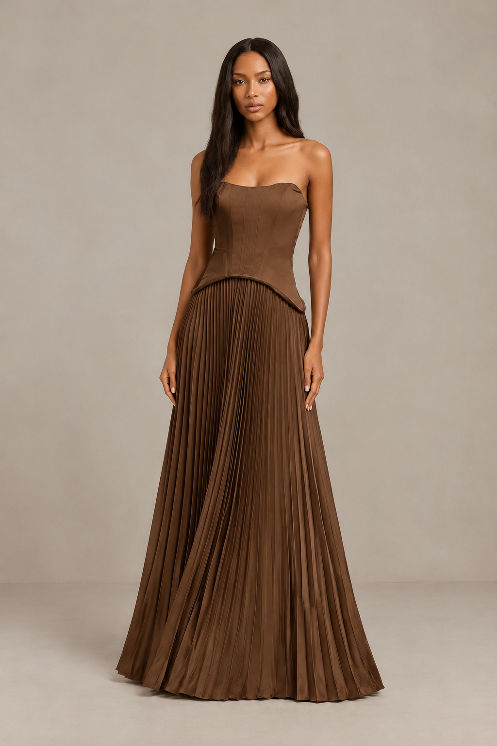 BOLODOO Brown Strapless Pleated Satin Evening Prom Dress - Brown