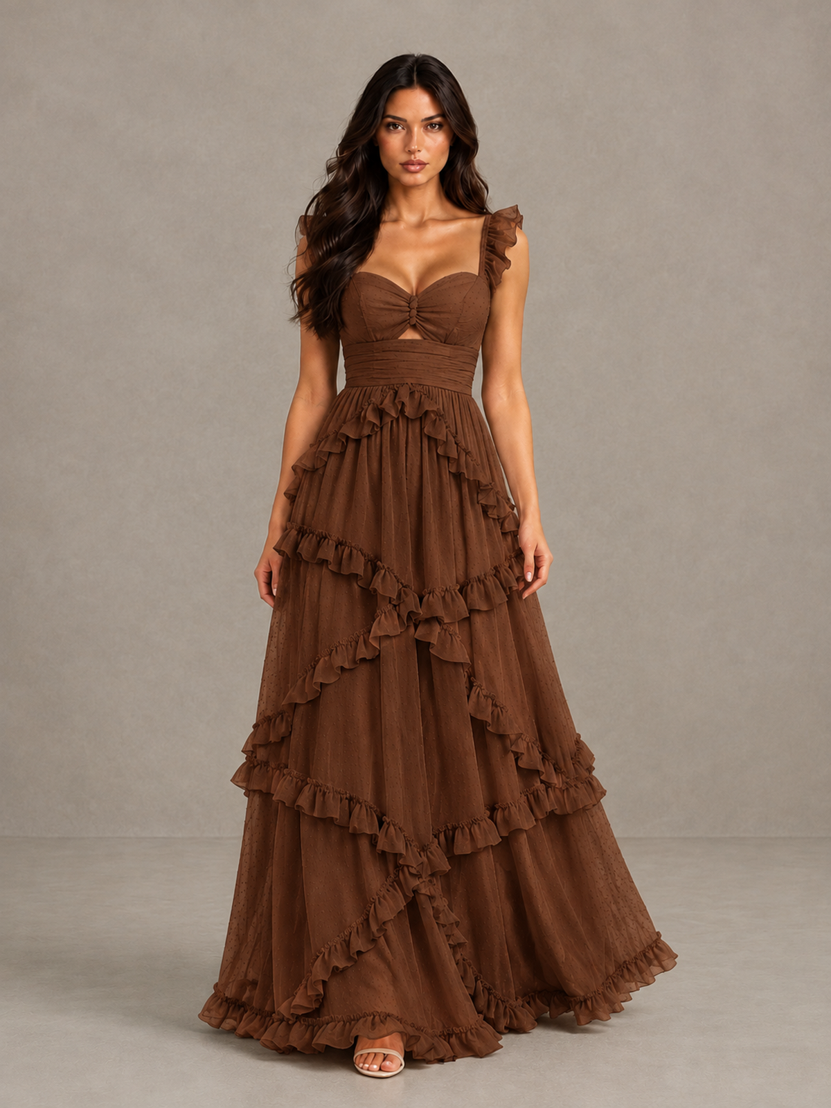 BOLODOO Brown Ruffle A-Line Prom Dress with Open Back - Brown - Brown (1)