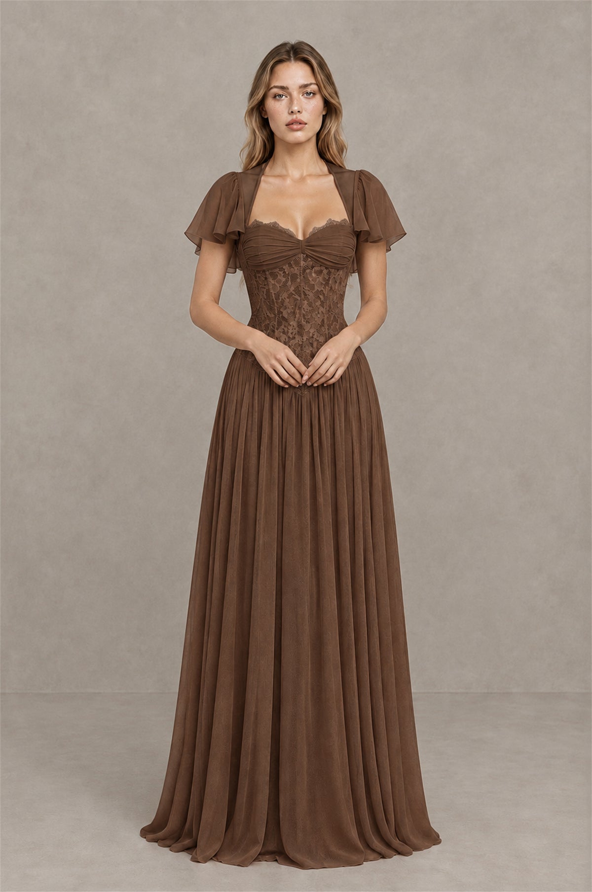 BOLODOO Brown Flutter Sleeve Lace Corset A-Line Maxi Dress - Brown - Brown (1)