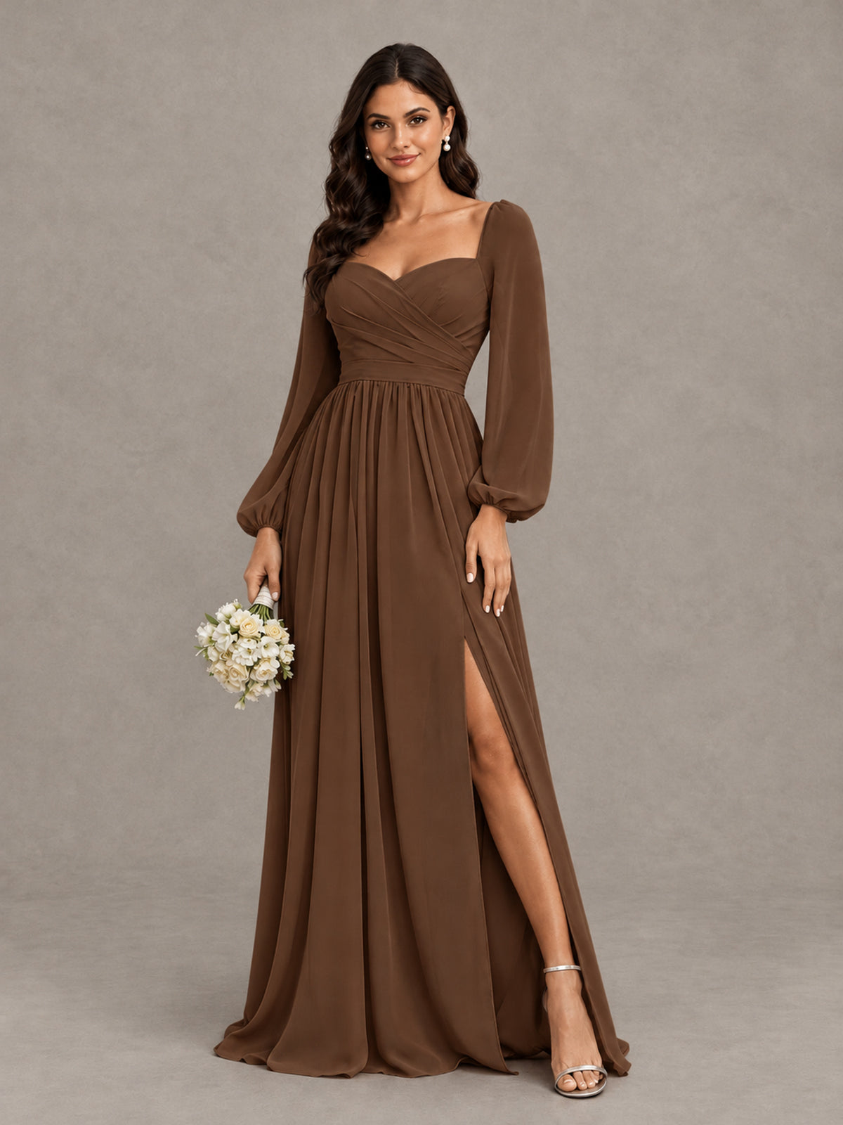 BOLODOO Brown Long Sleeve Chiffon Bridesmaid Dress with Slit - Brown - Brown (1)