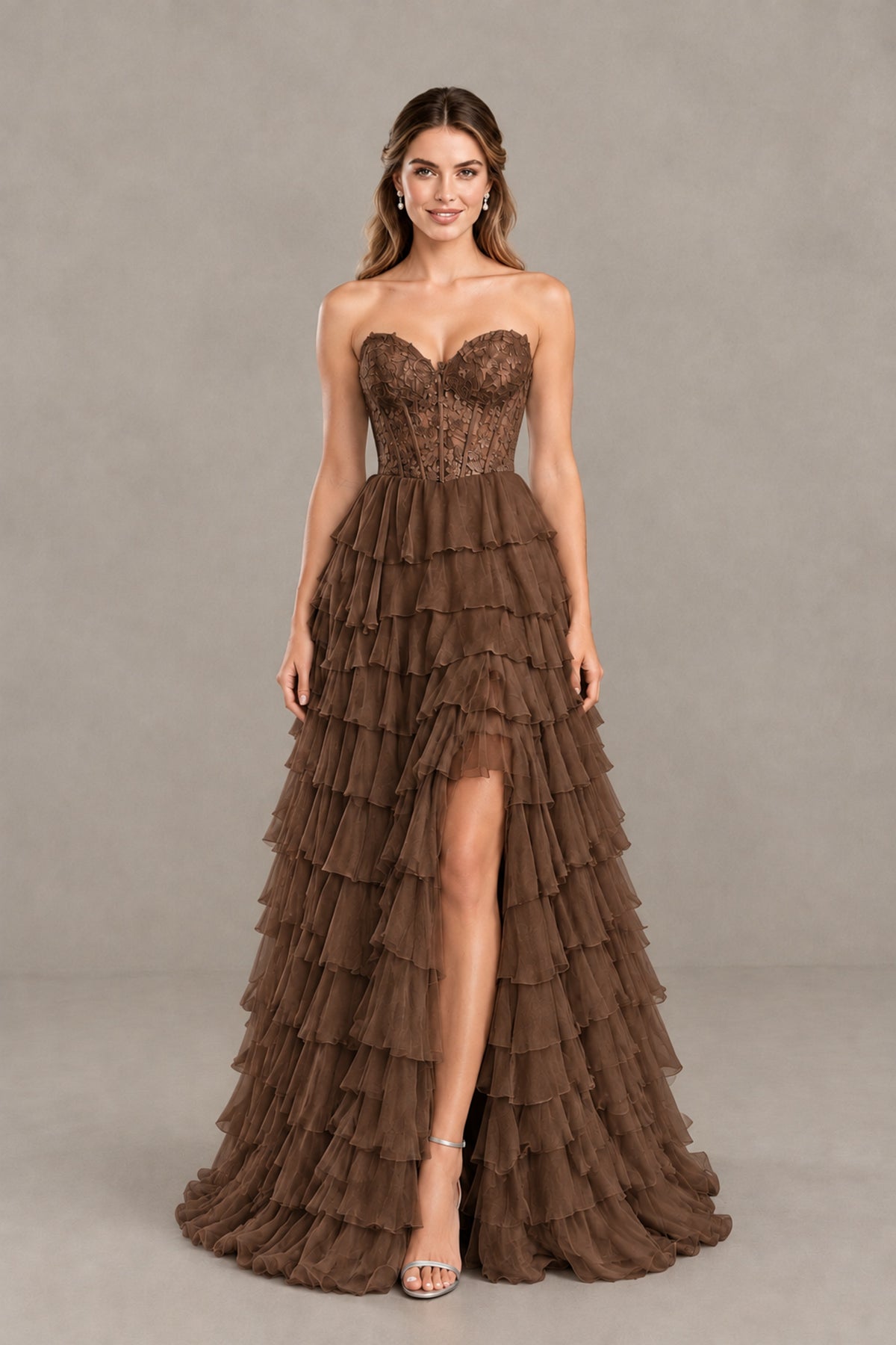 BOLODOO Brown Strapless Lace Corset Tiered Ruffle Prom Dress with Slit - Brown - Brown (1)