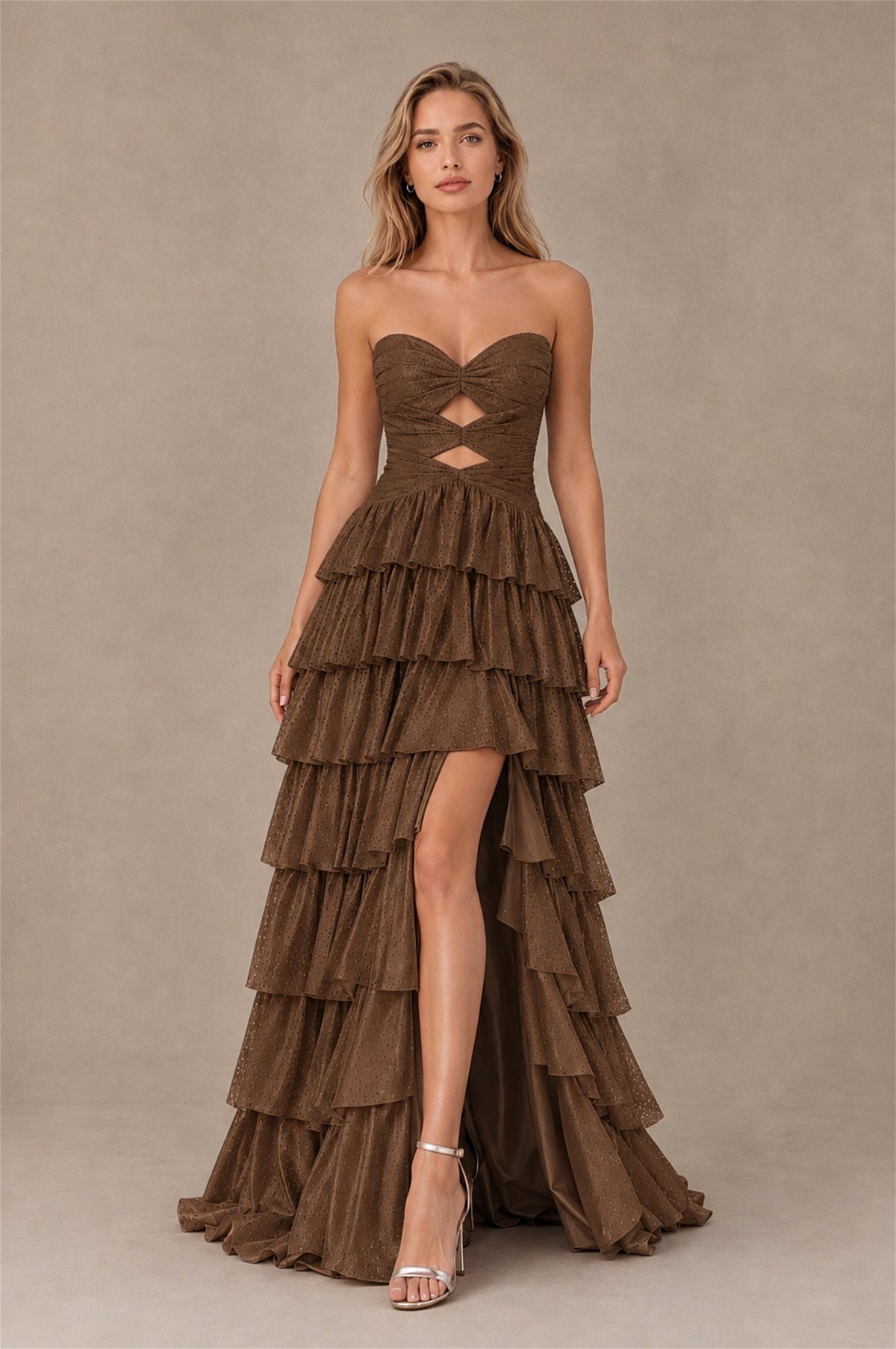 BOLODOO Brown Strapless Cutout Tiered Ruffle Prom Dress with High Slit - Brown - Brown (1)