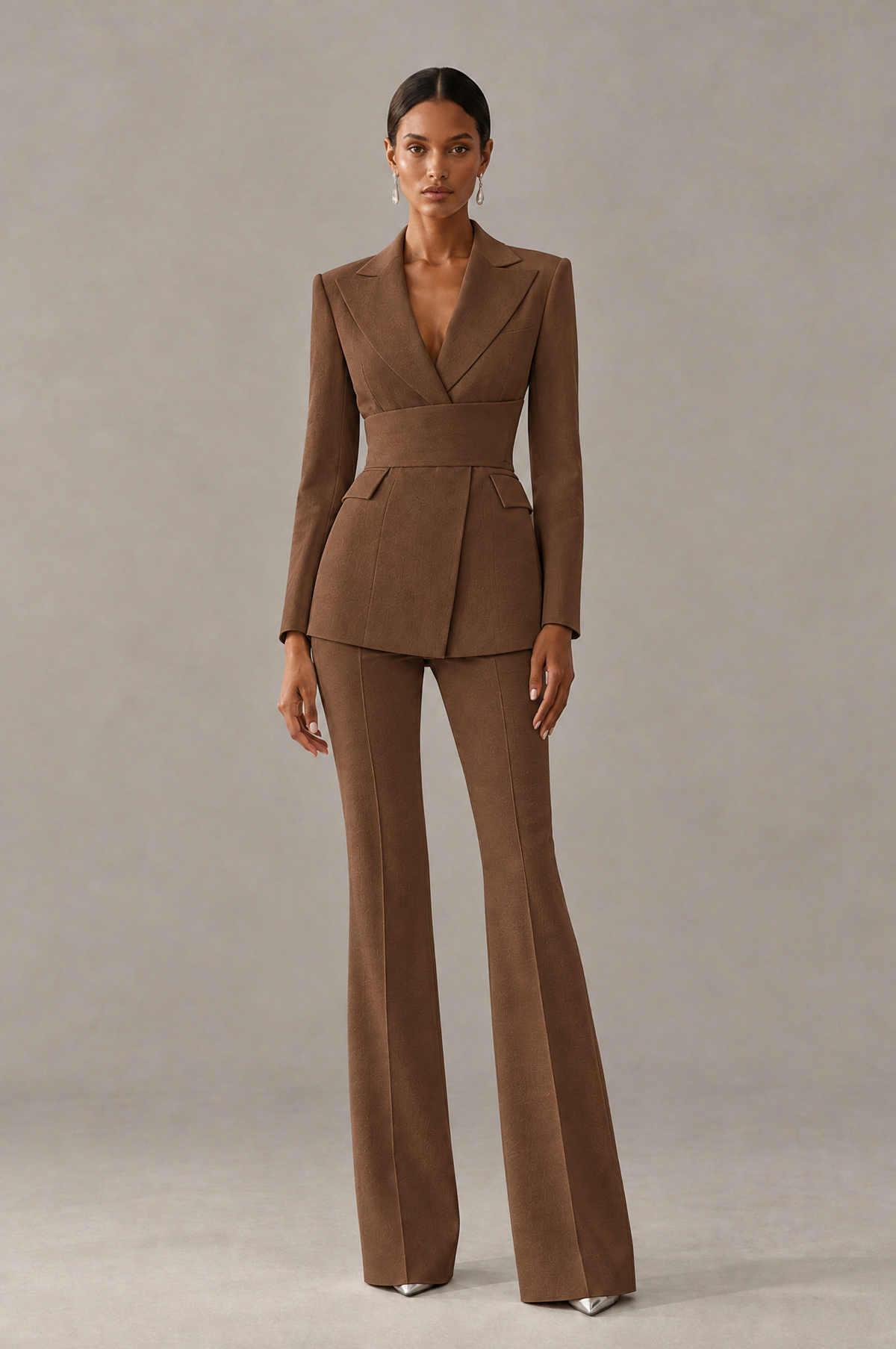 BOLODOO Brown Two-Piece Pantsuit with Tailored Blazer & Flared Pants - Brown - Brown (1)
