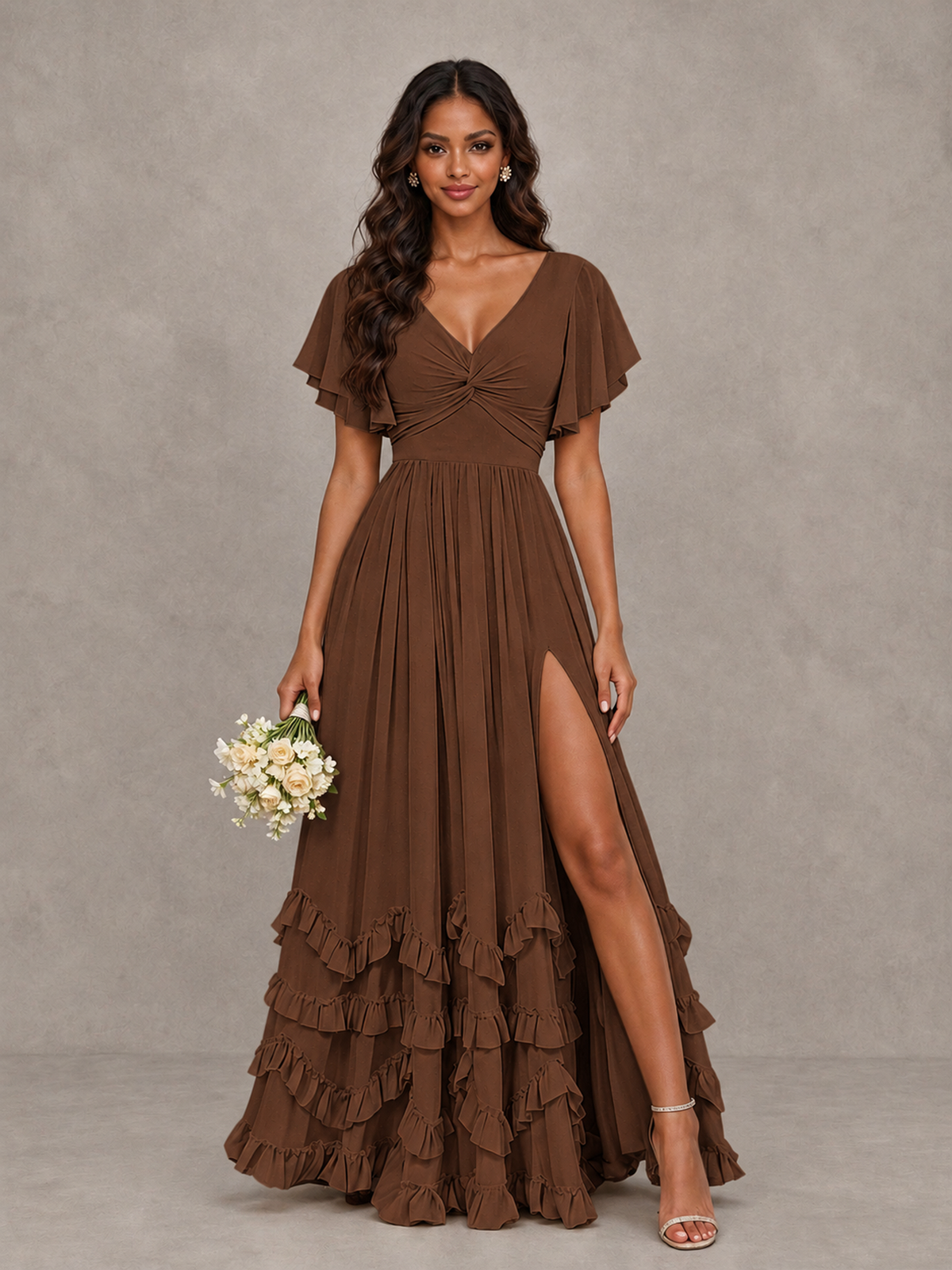 BOLODOO Brown V-Neck Flutter Sleeve Ruffle Bridesmaid Dress with Slit - Brown - Brown (1)