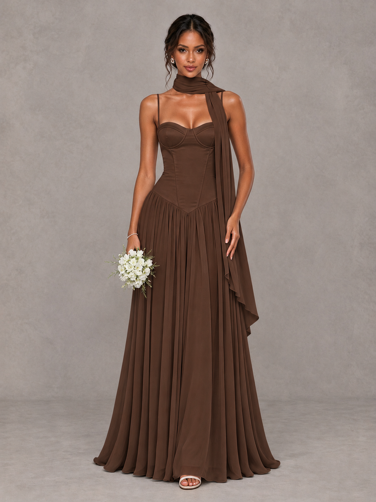 BOLODOO Brown Corset Bridesmaid Dress with Scarf - Brown - Brown (1)