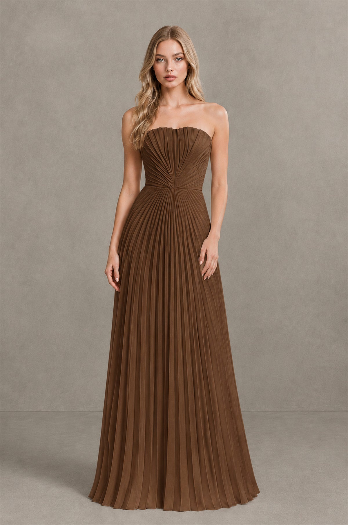 BOLODOO Brown Strapless Sunburst Pleated Twisted Knot Lace-Up Back Accordion Pleated Chiffon Maxi Dress - Brown