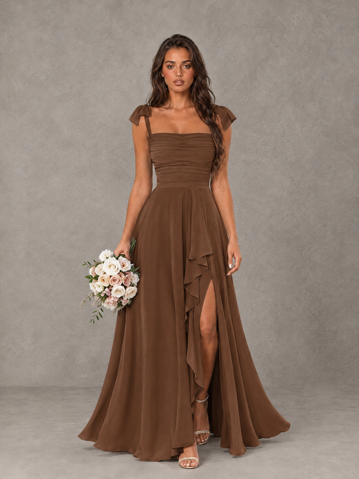 BOLODOO Brown Bow-Strap Bridesmaid Dress with Ruffle Slit - Brown - Brown (1)