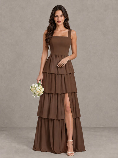 BOLODOO Brown Square Neck Tiered Bridesmaid Dress with Slit - Brown - Brown (1)