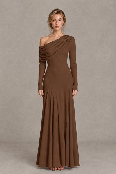BOLODOO Brown Asymmetric Draped Long Sleeve Evening Gown - Brown
