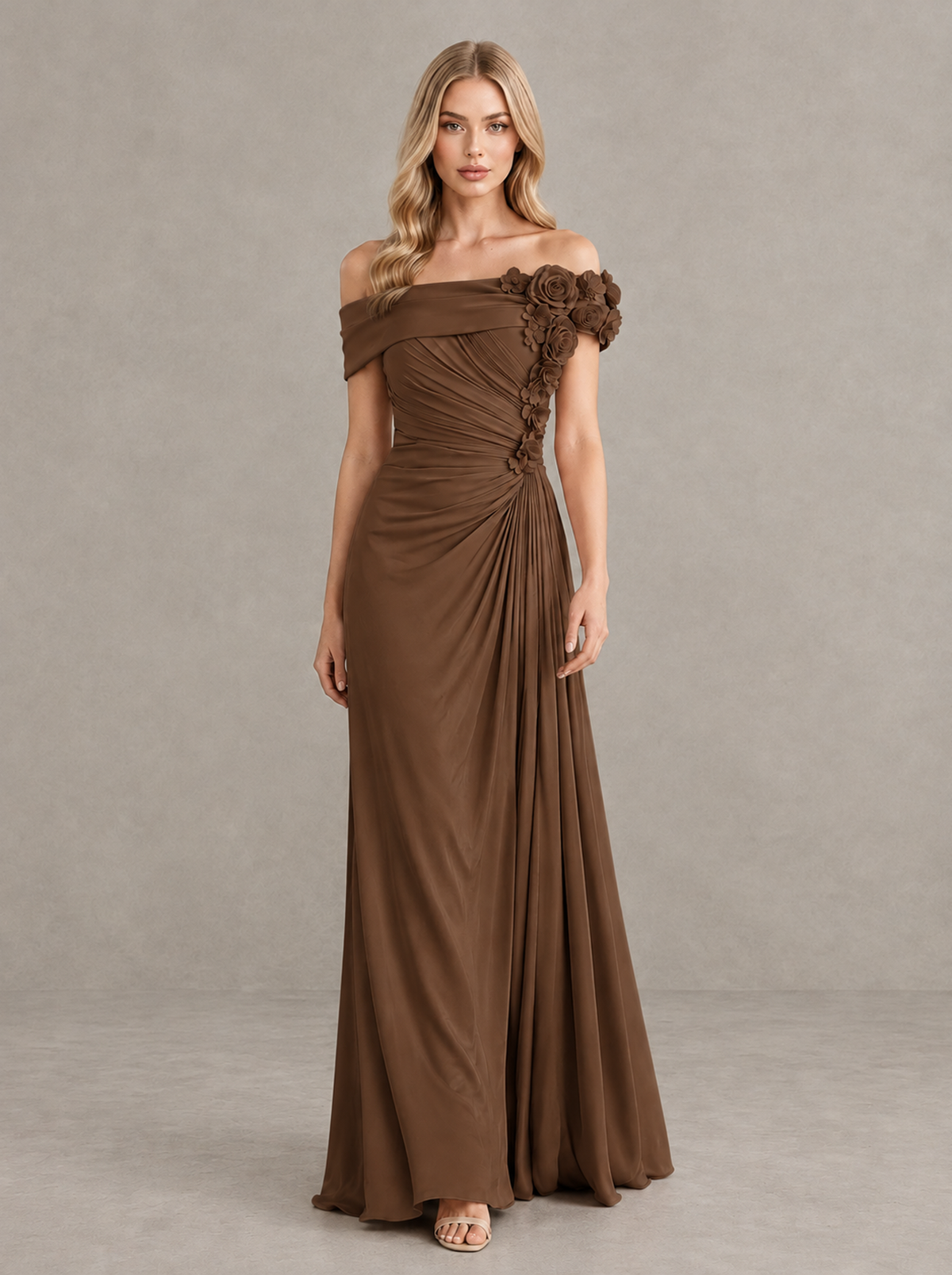 BOLODOO Brown Off-Shoulder Floral Applique Wedding Guest Maxi Dress - Brown - Brown (1)