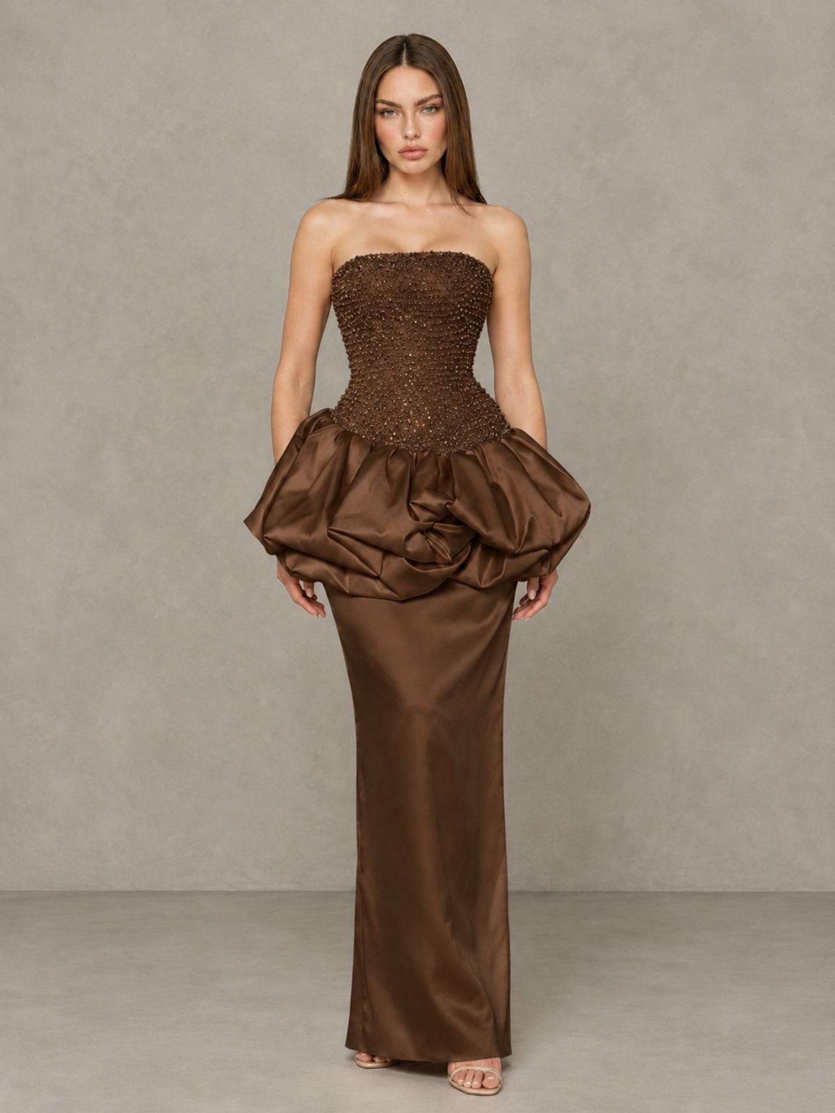 BOLODOO Brown Strapless Embellished Bubble Peplum Evening Dress - Brown - Brown (1)