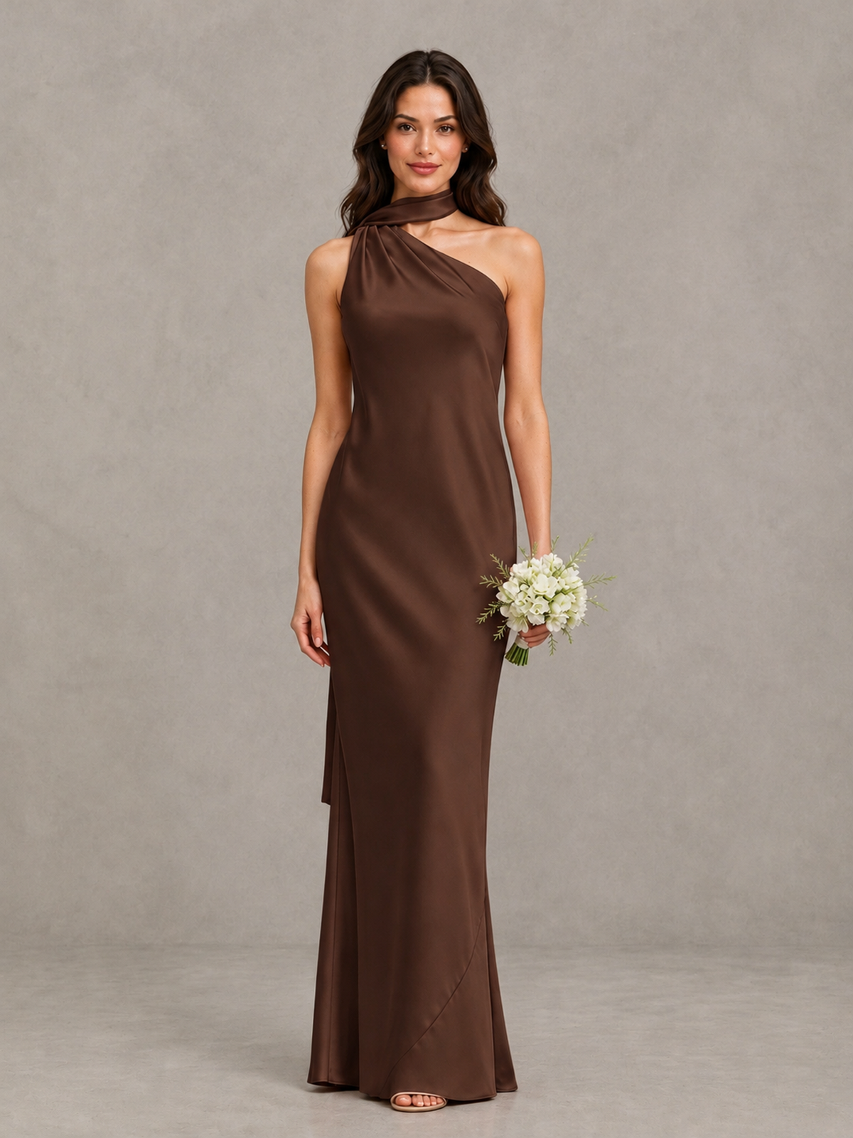 BOLODOO Brown Satin One-Shoulder Bridesmaid Dress with Open Back - Brown - Brown (1)