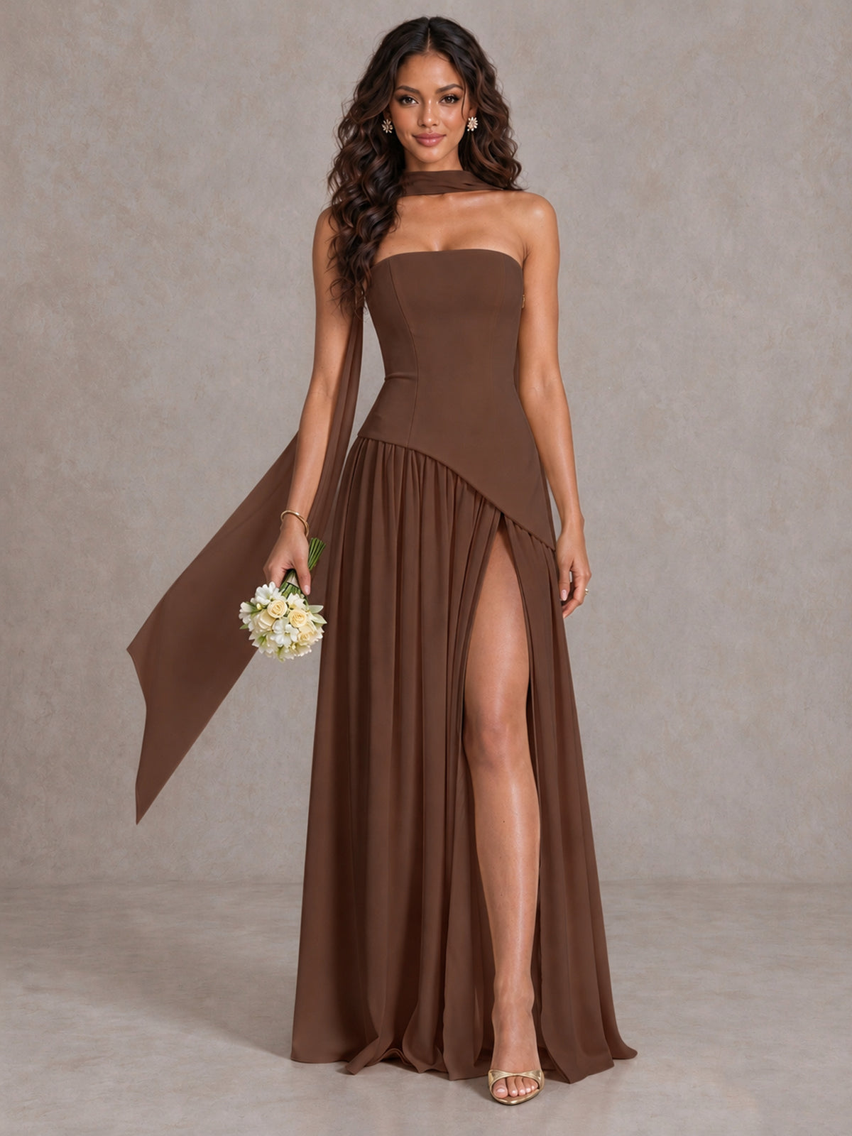 Brown Strapless Bridesmaid Dress with Scarf & High Slit - Brown - Brown (1)