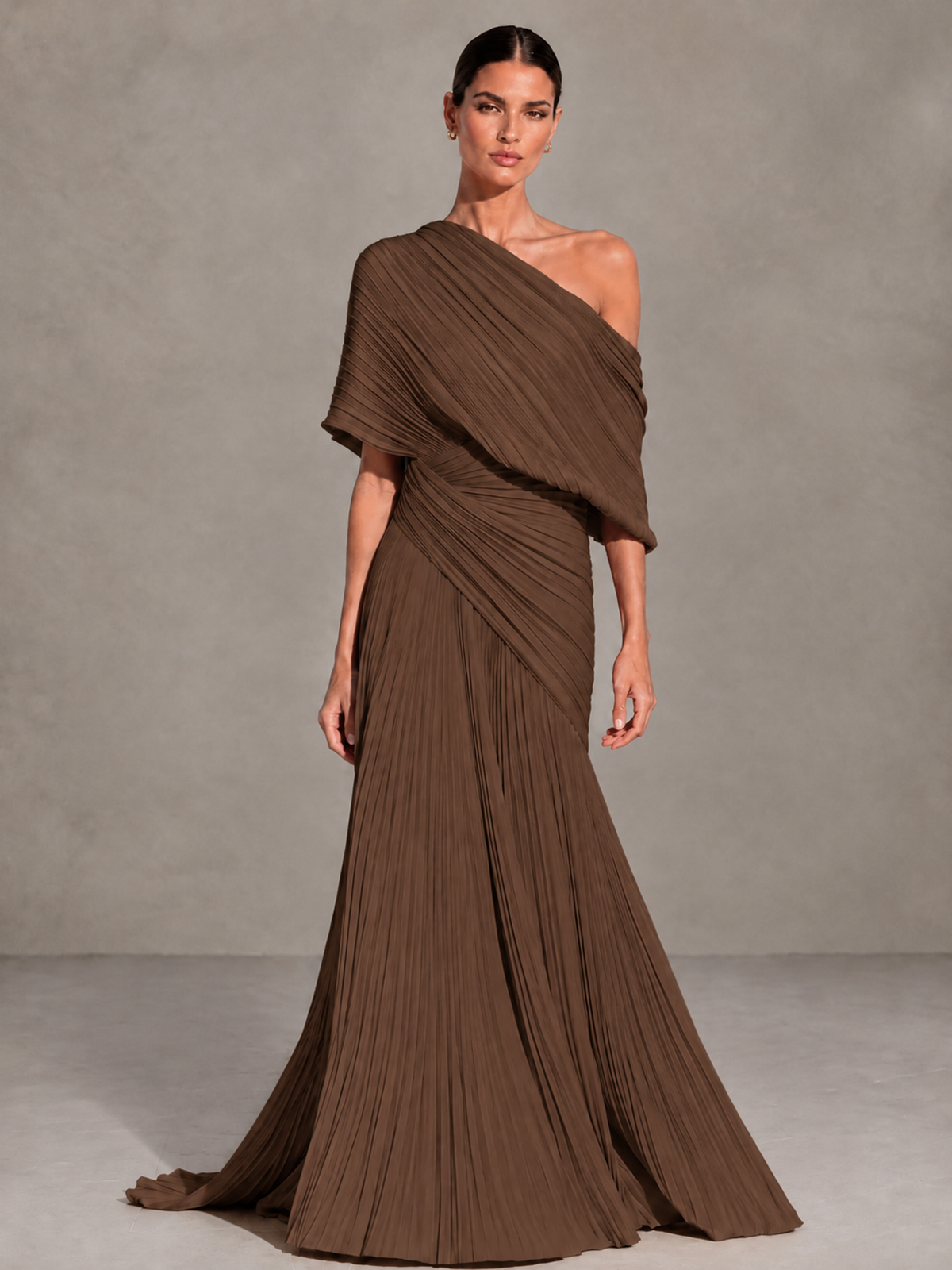 BOLODOO Brown One-Shoulder Pleated Cape Evening Gown with Train - Brown - Brown (1)