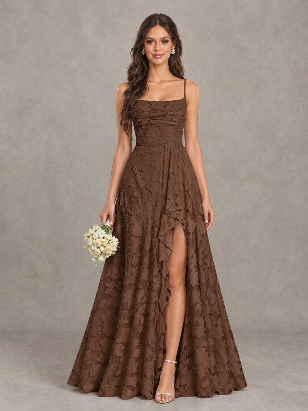 BOLODOO Brown Floral Appliqué Slit Maxi Dress - Brown - Brown (1)