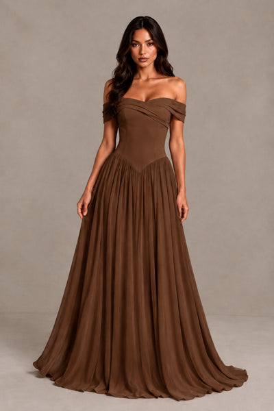 BOLODOO Brown Off-Shoulder Sweetheart Corset Pleated Chiffon Maxi Dress - Brown - Brown (1)