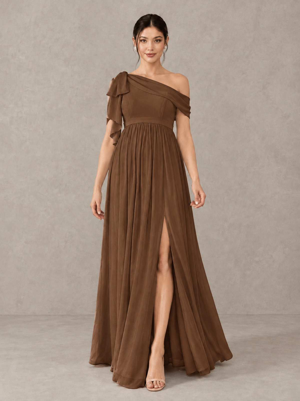 BOLODOO Brown One-Shoulder Maternity Bridesmaid Dress with Slit - Brown - Brown (1)