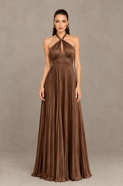 BOLODOO Brown Halter Pleated A-Line Evening Dress - Brown