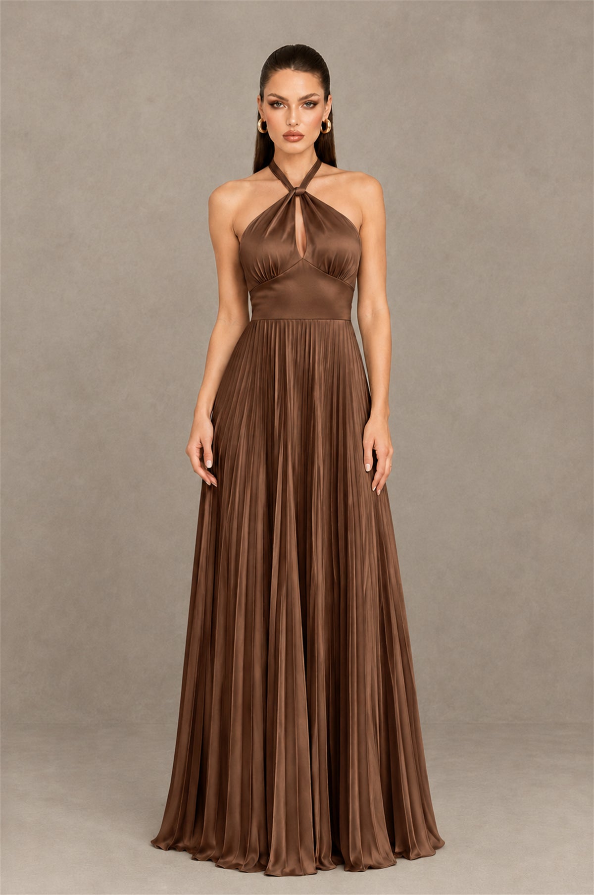 BOLODOO Brown Halter Pleated A-Line Evening Dress - Brown