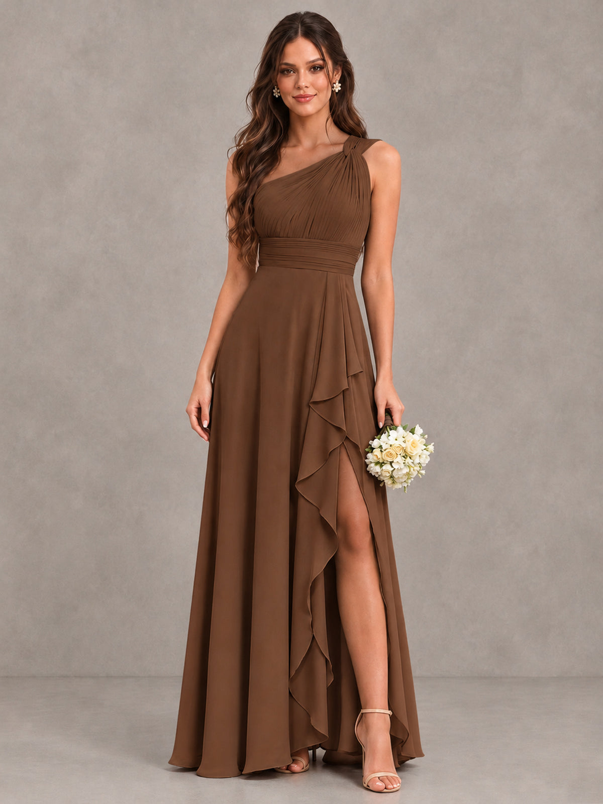BOLODOO Brown One-Shoulder Ruffle Bridesmaid Dress with Slit - Brown - Brown (1)