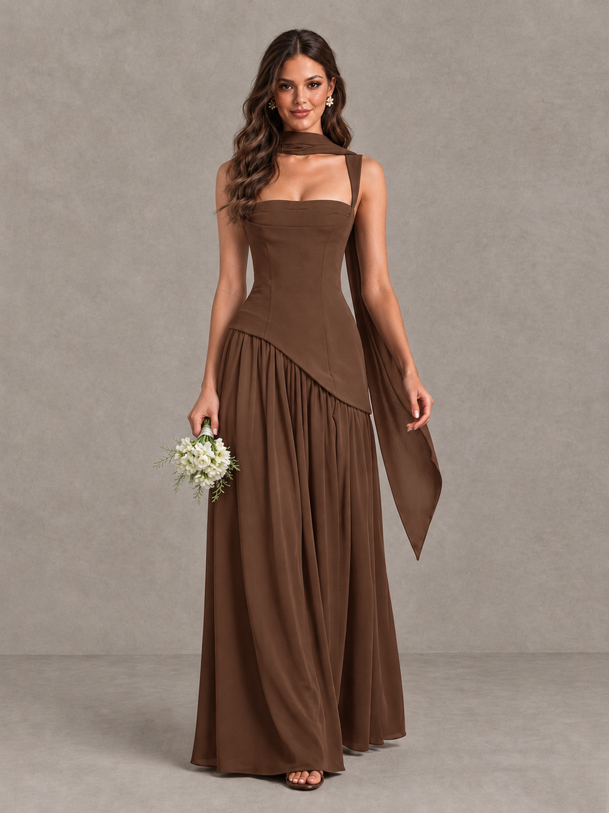 BOLODOO Brown Brown Scarf Bridesmaid Dress with Lace-Up Back - Brown - Brown (1)