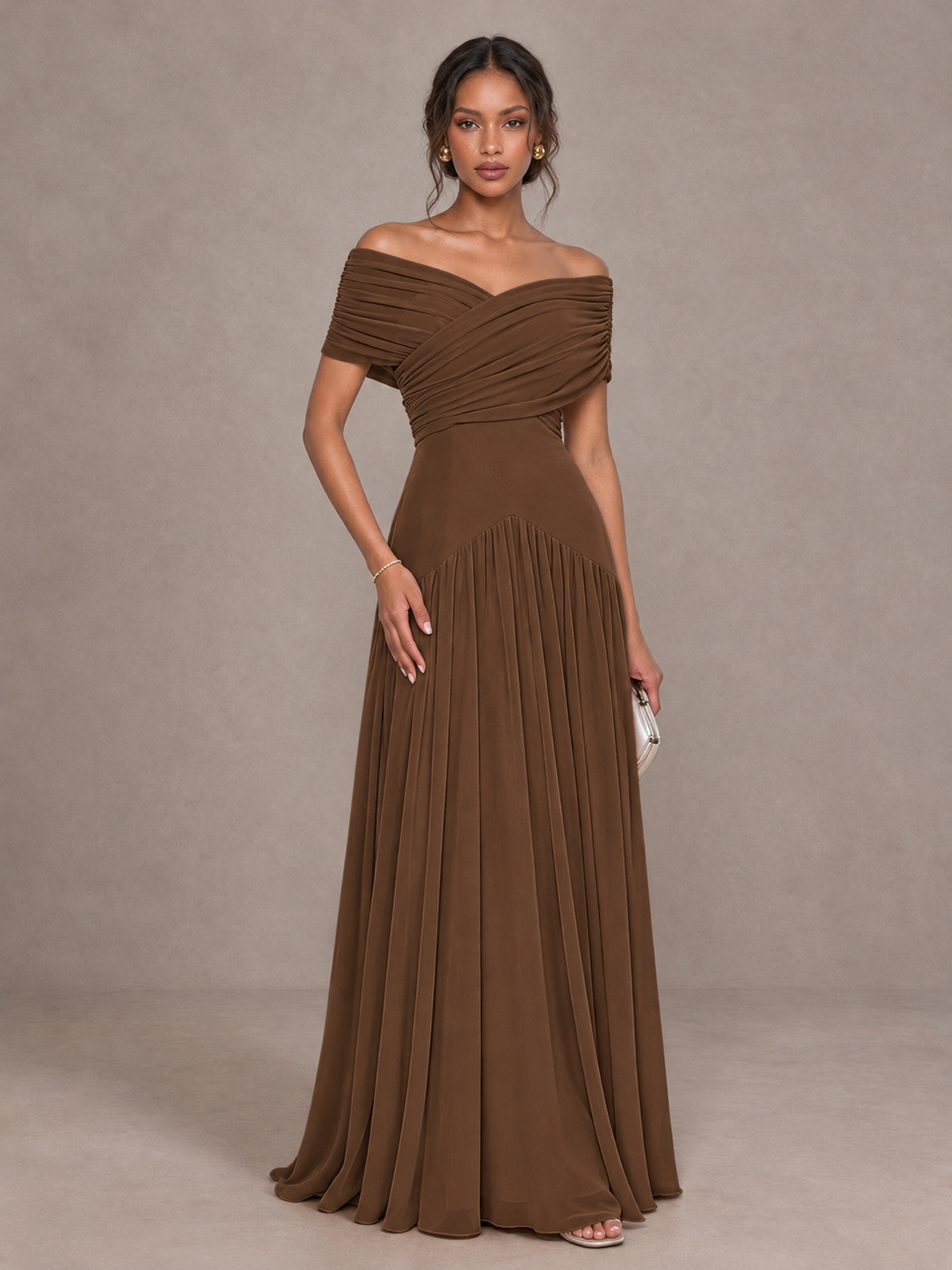 BOLODOO Brown Off-Shoulder Ruched A-Line Bridesmaid Dress - Brown - Brown (1)