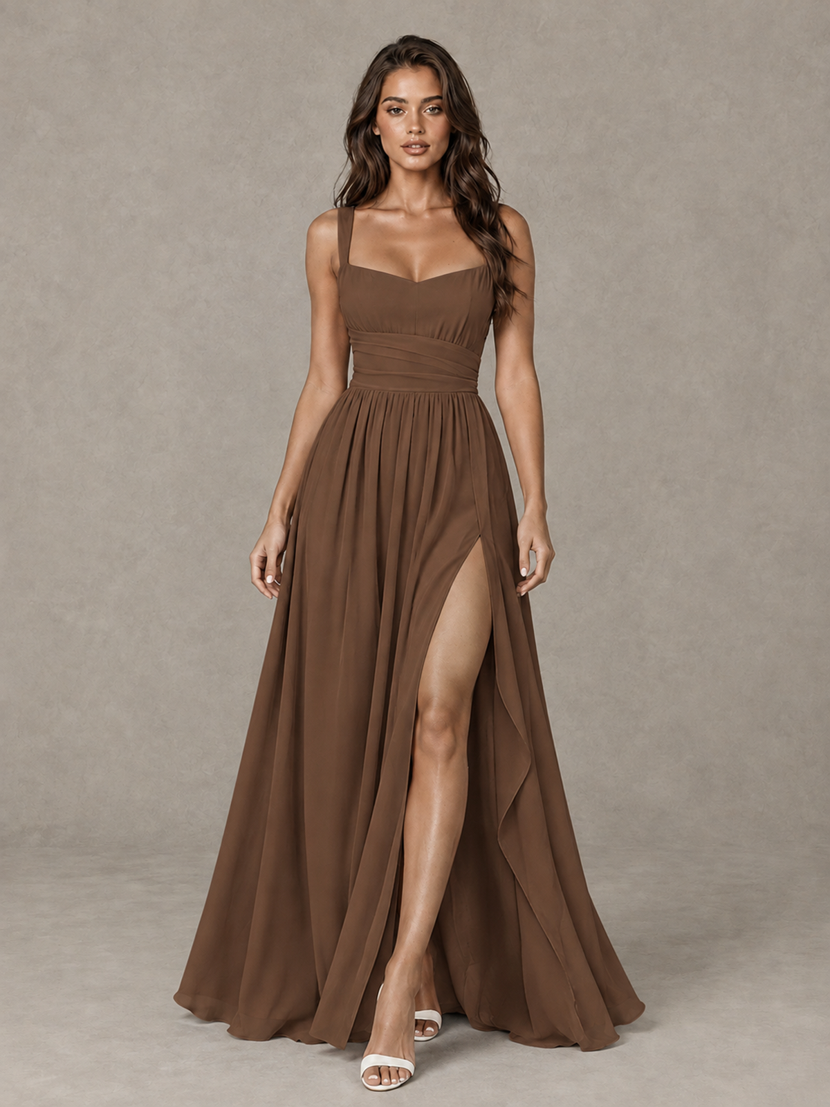 BOLODOO Brown A-Line Bridesmaid Dress with High Slit & Lace-Up Back - Brown - Brown (1)