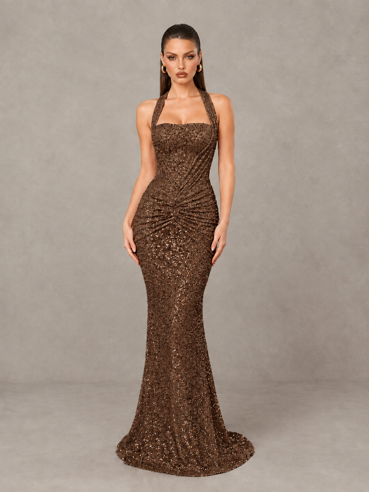 BOLODOO Brown Sequin Halter Mermaid Evening Gown - Brown - Brown (1)