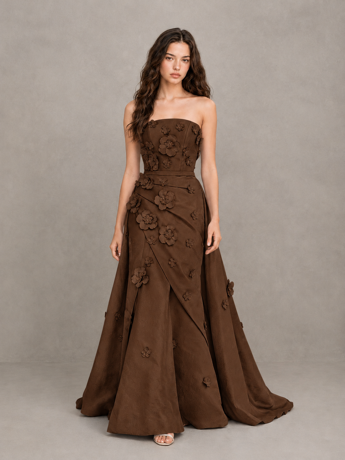 BOLODOO Brown Strapless 3D Floral Applique Prom Gown with Draped Skirt - Brown - Brown (1)