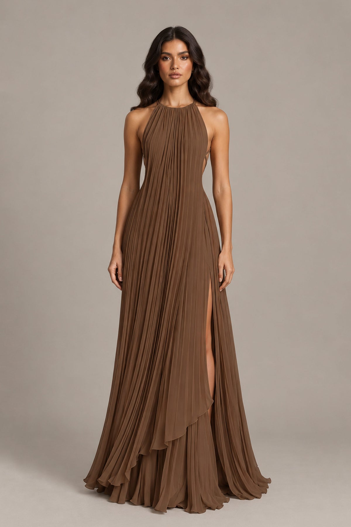 BOLODOO Brown Halter Neck Pleated Chiffon Maxi Dress with Side Slit - Brown