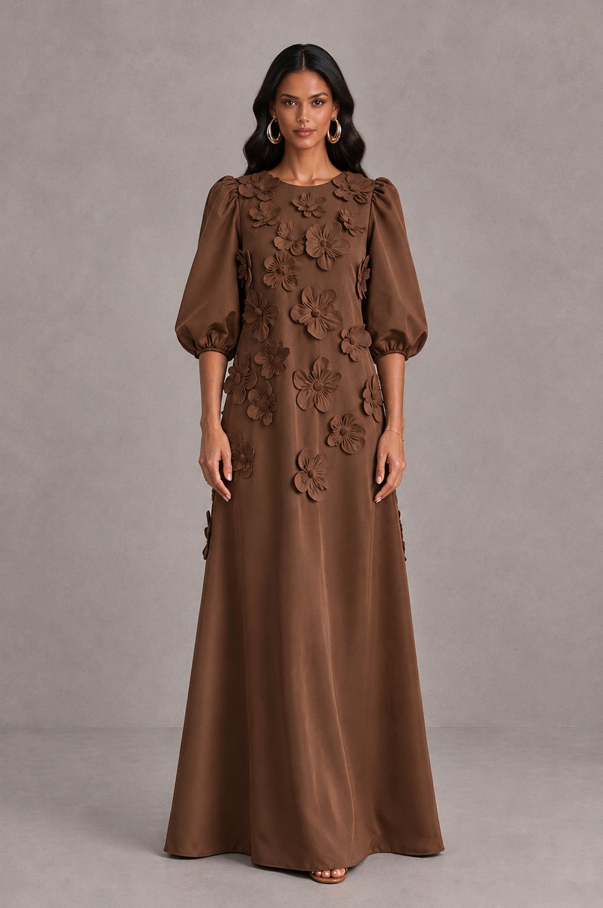 BOLODOO Brown Floral Applique Puff Sleeve A-Line Evening Dress - Brown - Brown (1)