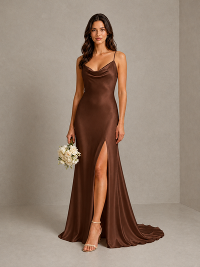 BOLODOO Brown Satin Cowl Neck Bridesmaid Dress with Open Back & Side Slit - Brown - Brown (1)