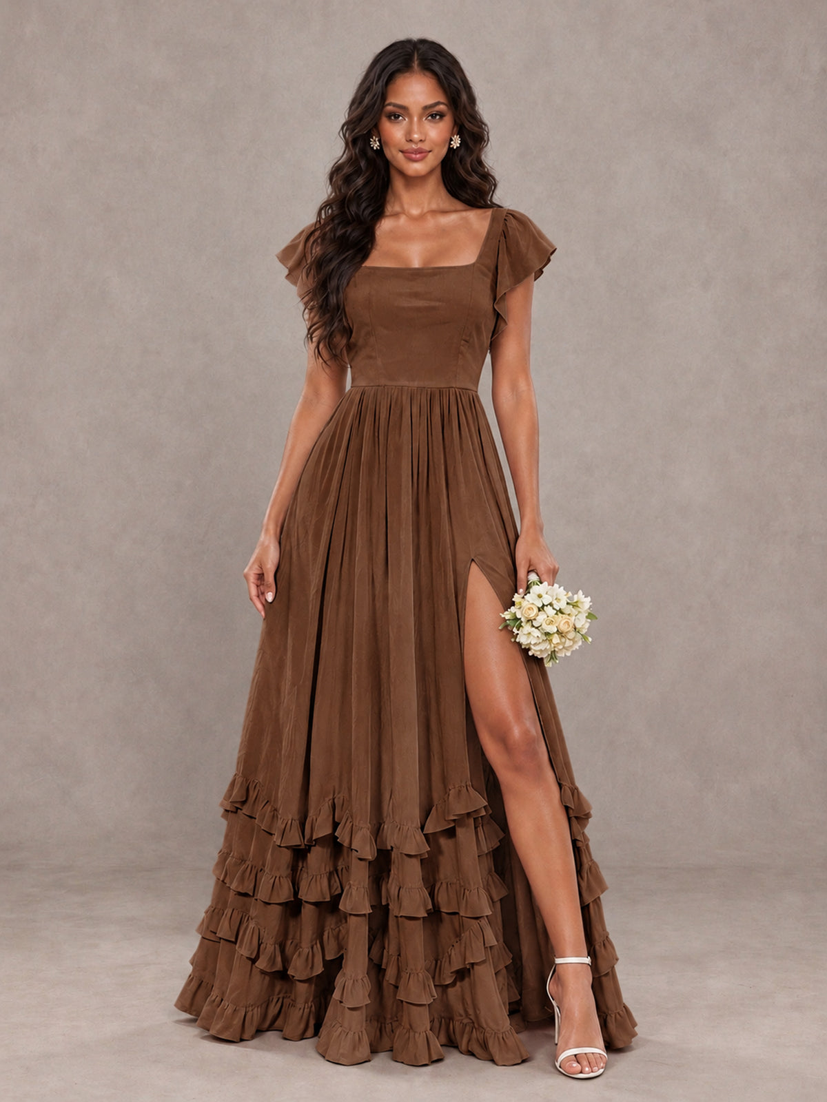 BOLODOO Brown Flutter Sleeve Ruffle Bridesmaid Dress with Slit - Brown - Brown (1)