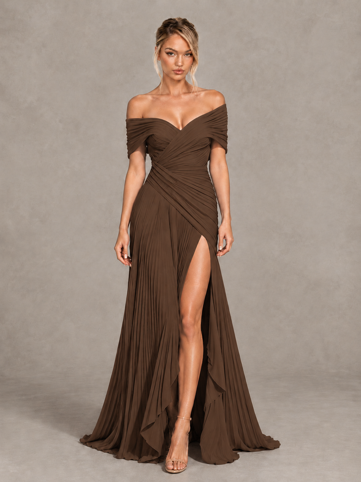 BOLODOO Brown Off-Shoulder Ruched Pleated Maxi Dress with High Slit - Brown - Brown (1)