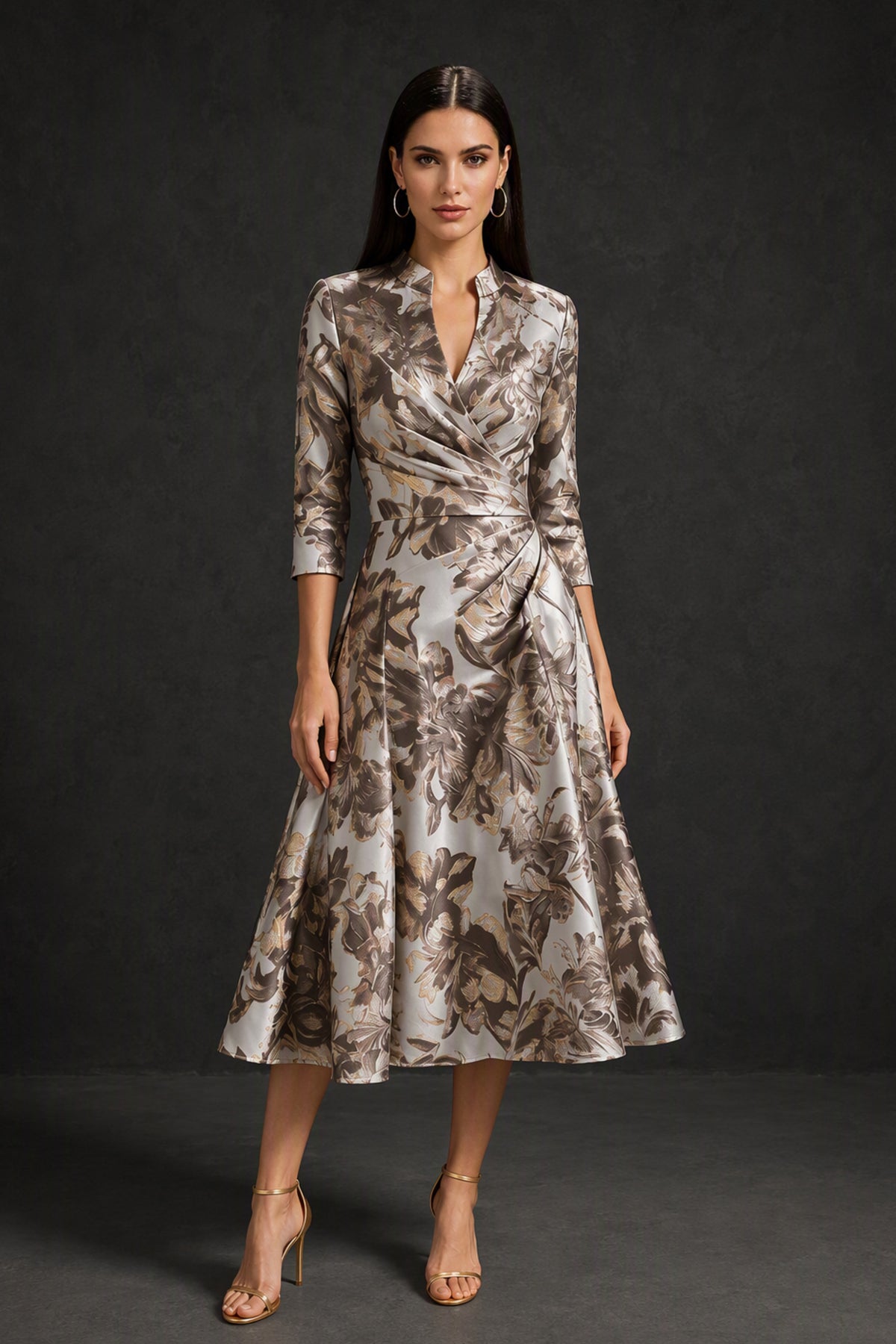 BOLODOO Brown Floral Jacquard Wrap Midi Dress with Three-Quarter Sleeves - Brown