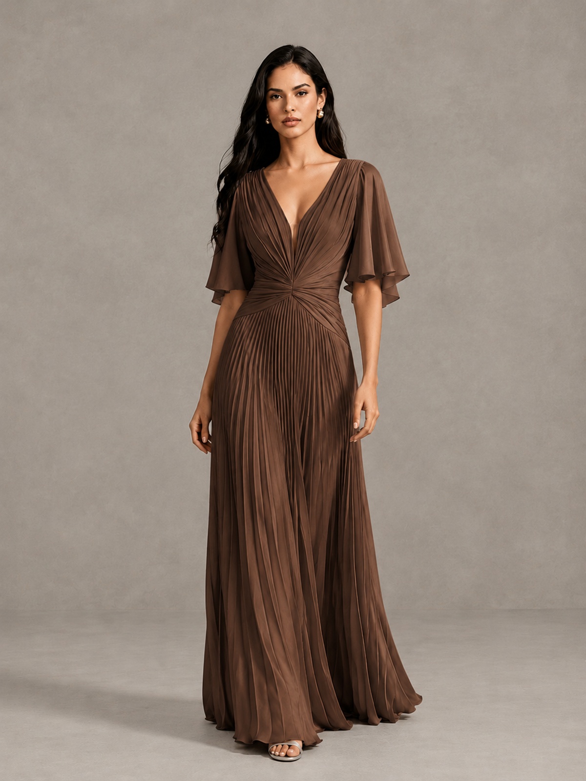 BOLODOO Brown Pleated V-Neck Flutter Sleeve Bridesmaid Dress - Brown - Brown (1)