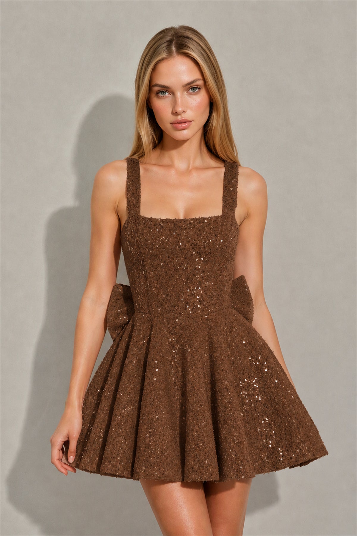 BOLODOO Brown Sequin Square Neck Wide Strap Bow Waist Open Back Fit and Flare Mini Dress | Prom Birthday Party Dress - Brown