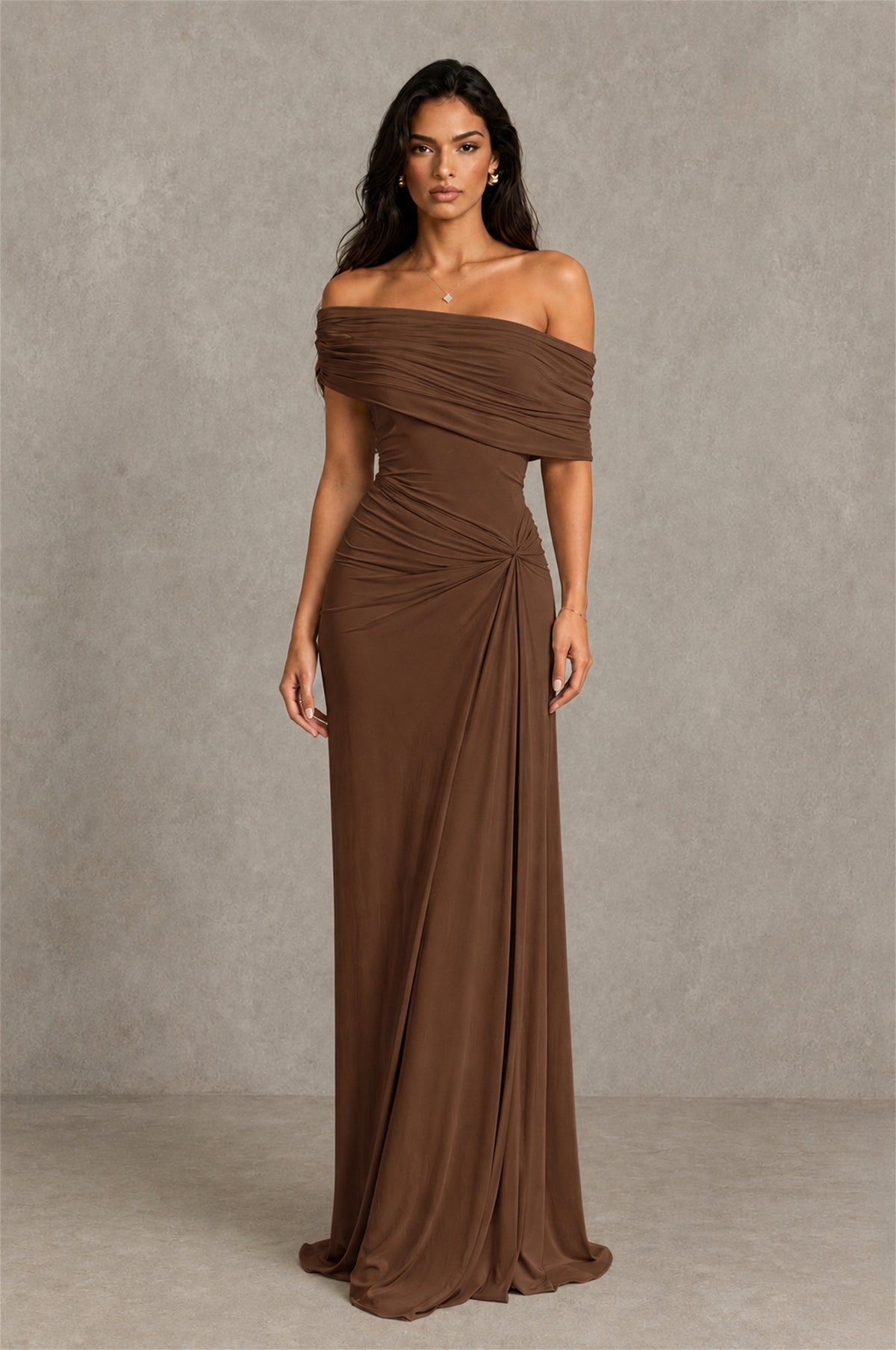 BOLODOO Brown Off-Shoulder Ruched Maxi Dress - Brown