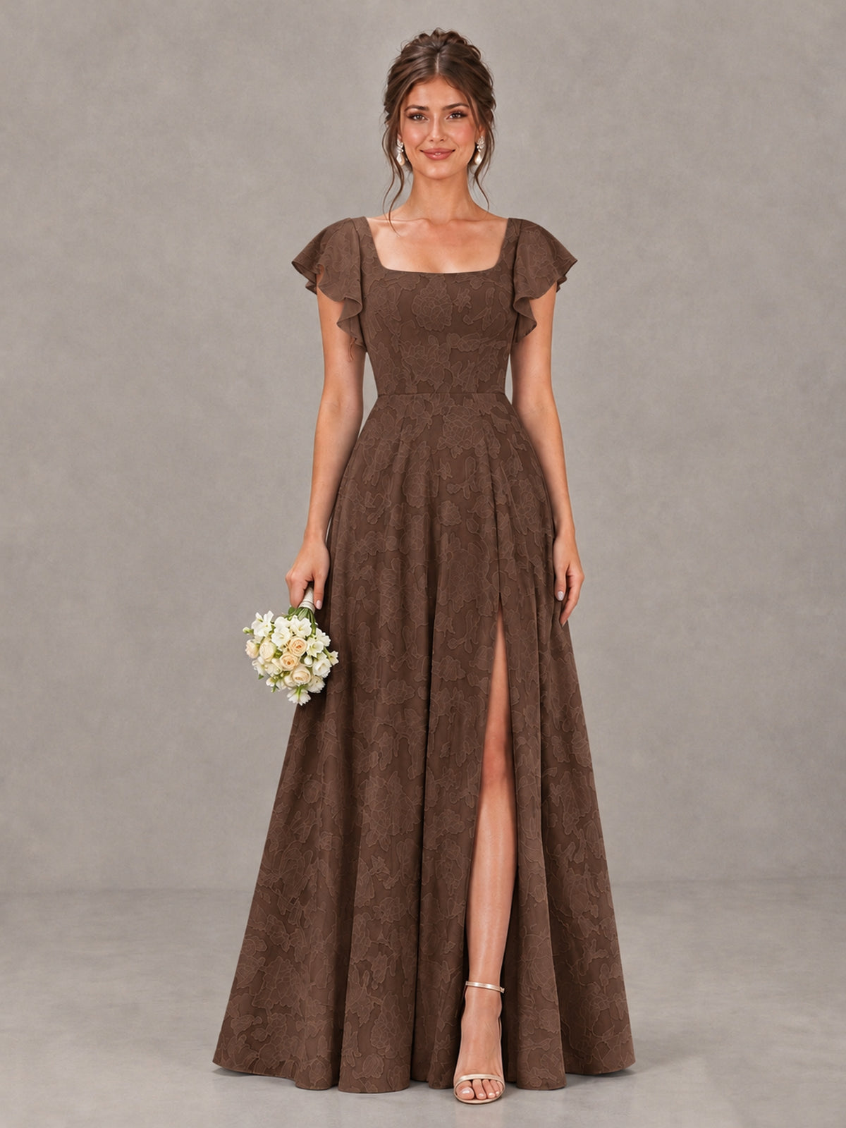 BOLODOO Brown Floral Flutter Sleeve Bridesmaid Dress with Slit - Brown - Brown (1)