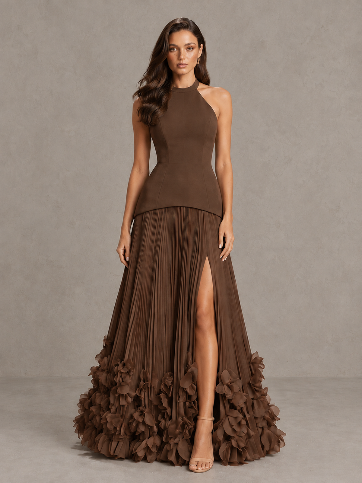 BOLODOO Brown Halter Neck Floor-Length Evening Gown with High Slit & 3D Floral Hem - Brown - Brown (1)