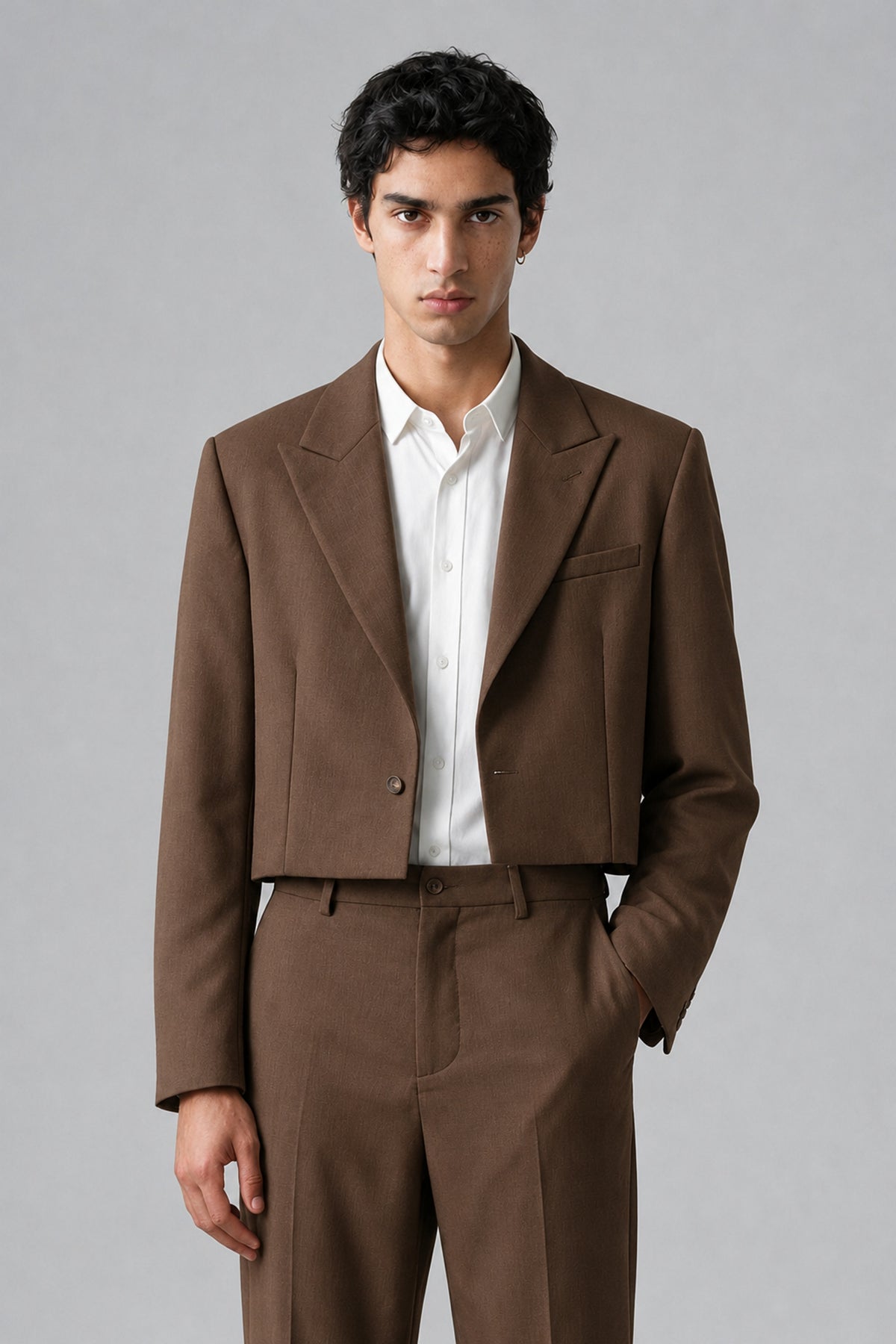 Bolodoo Men's Brown Cropped Blazer & Wide-Leg Trousers 2-Piece Suit - Brown - Brown (1)