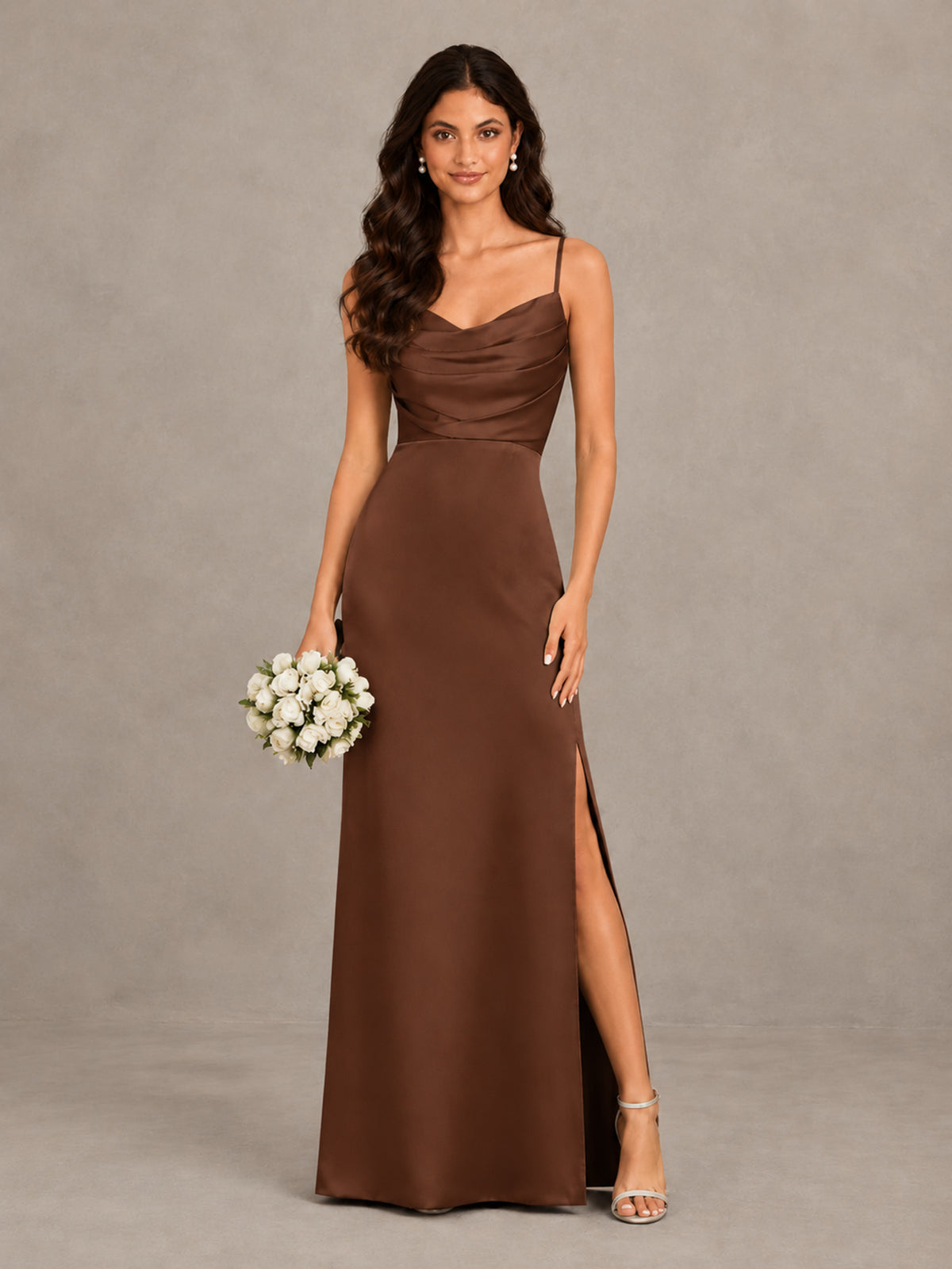 BOLODOO Brown Cowl Neck Satin Bridesmaid Dress with Slit - Brown - Brown (1)