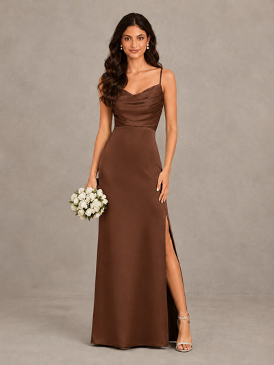 BOLODOO Brown Cowl Neck Satin Bridesmaid Dress with Slit - Brown - Brown (1)
