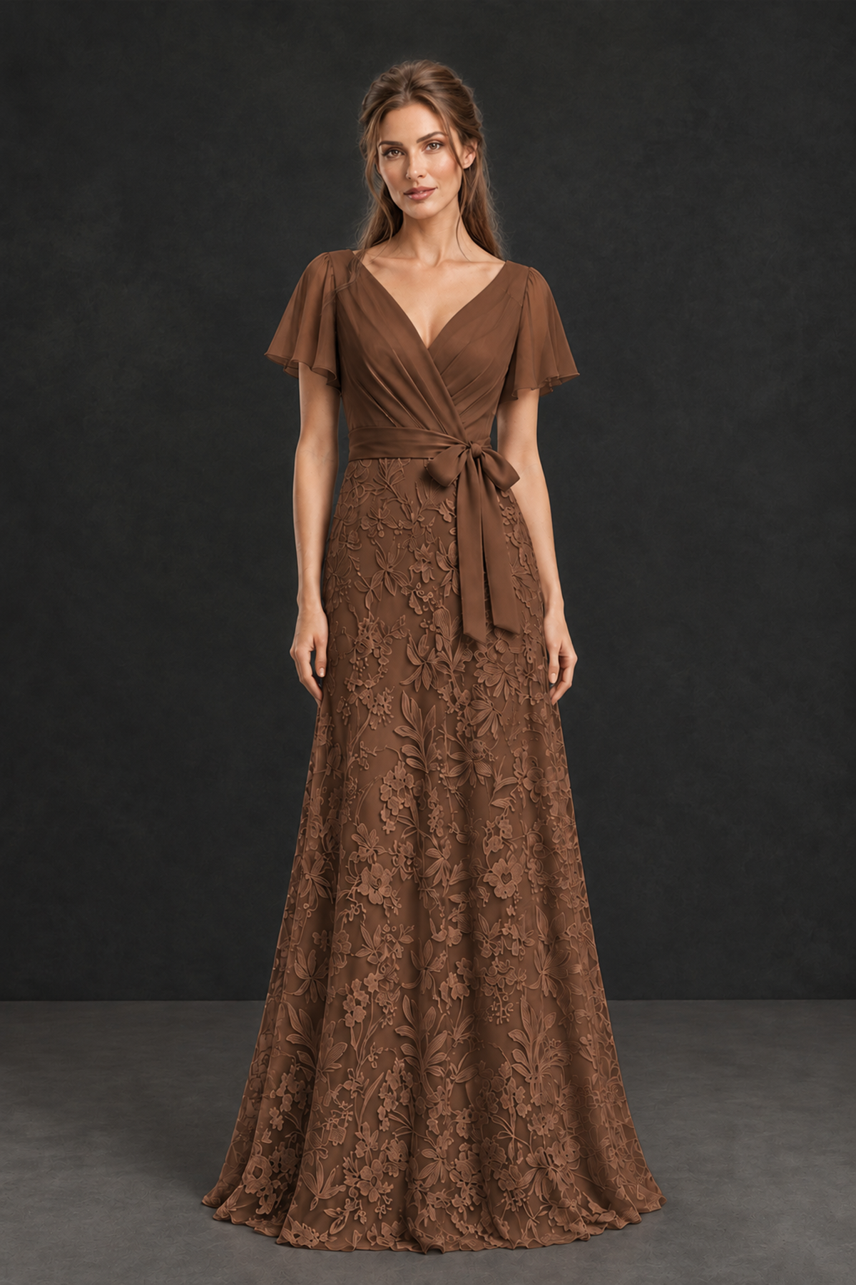 BOLODOO Brown Flutter Sleeve Lace Mother of the Bride Dress - Brown