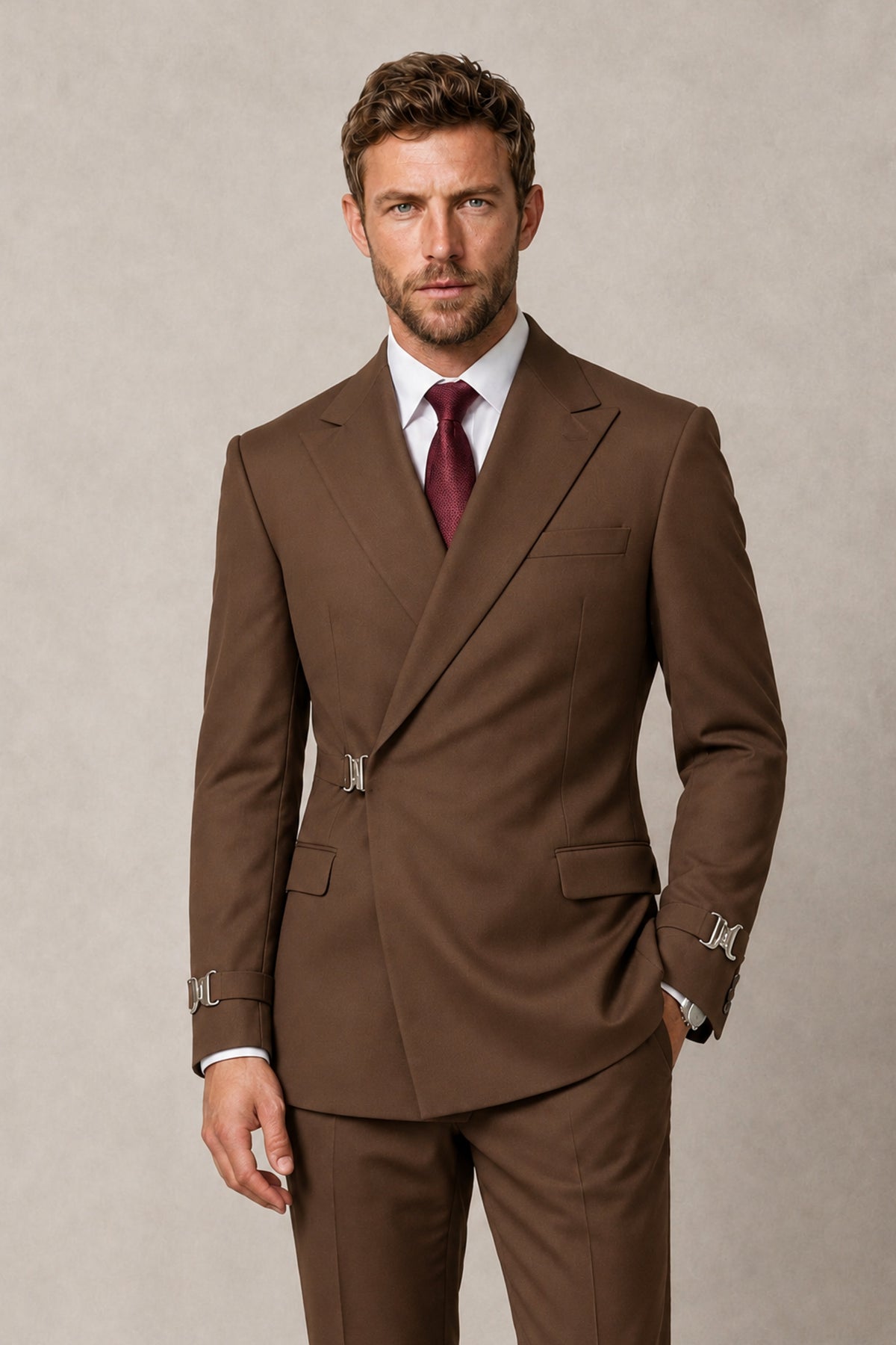 BOLODOO Men's Brown Double-Breasted 2-Piece Suit Set – Blazer & Tailored Trousers - Brown