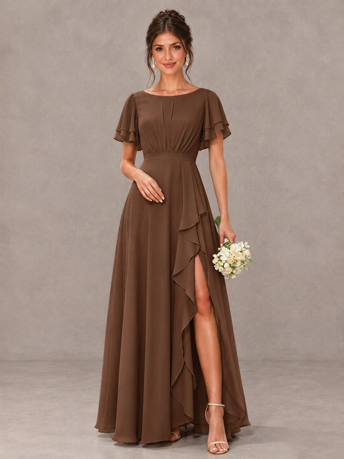 BOLODOO Brown Flutter Sleeve Ruffle Bridesmaid Dress with Slit - Brown - Brown (1)