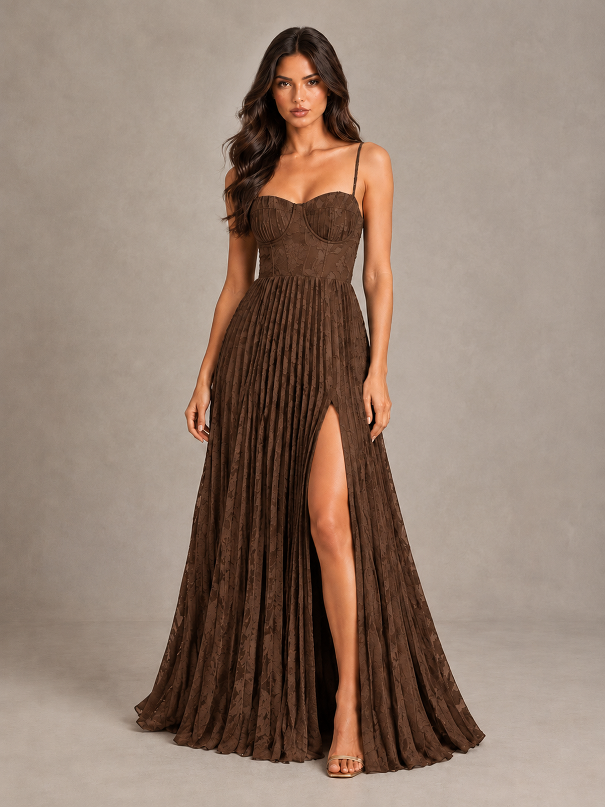 BOLODOO Brown Pleated Bridesmaid Dress with Sweetheart Neckline & Slit - Brown - Brown (1)
