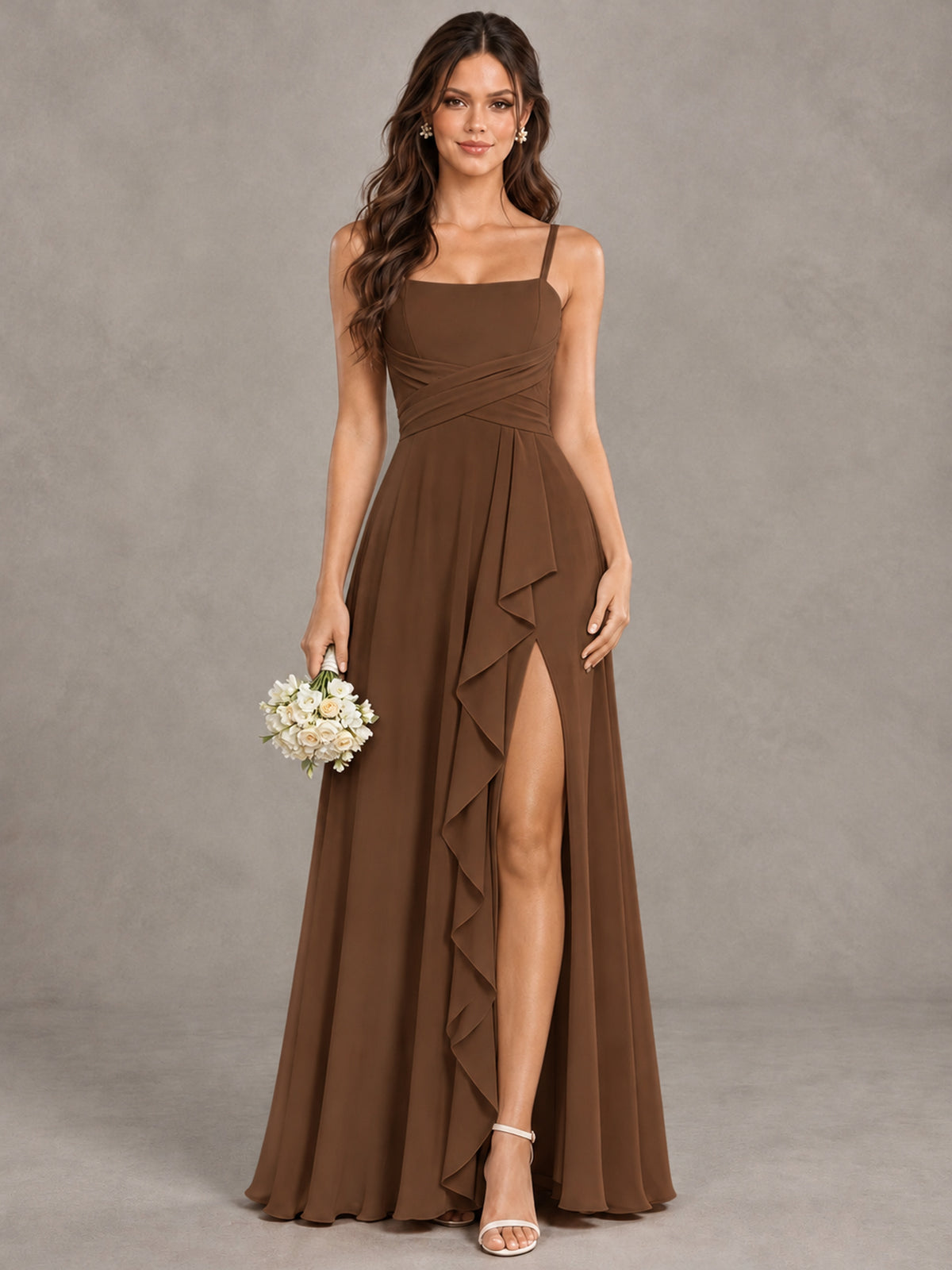 BOLODOO Brown Spaghetti Strap Ruffle Bridesmaid Dress with Slit - Brown - Brown (1)