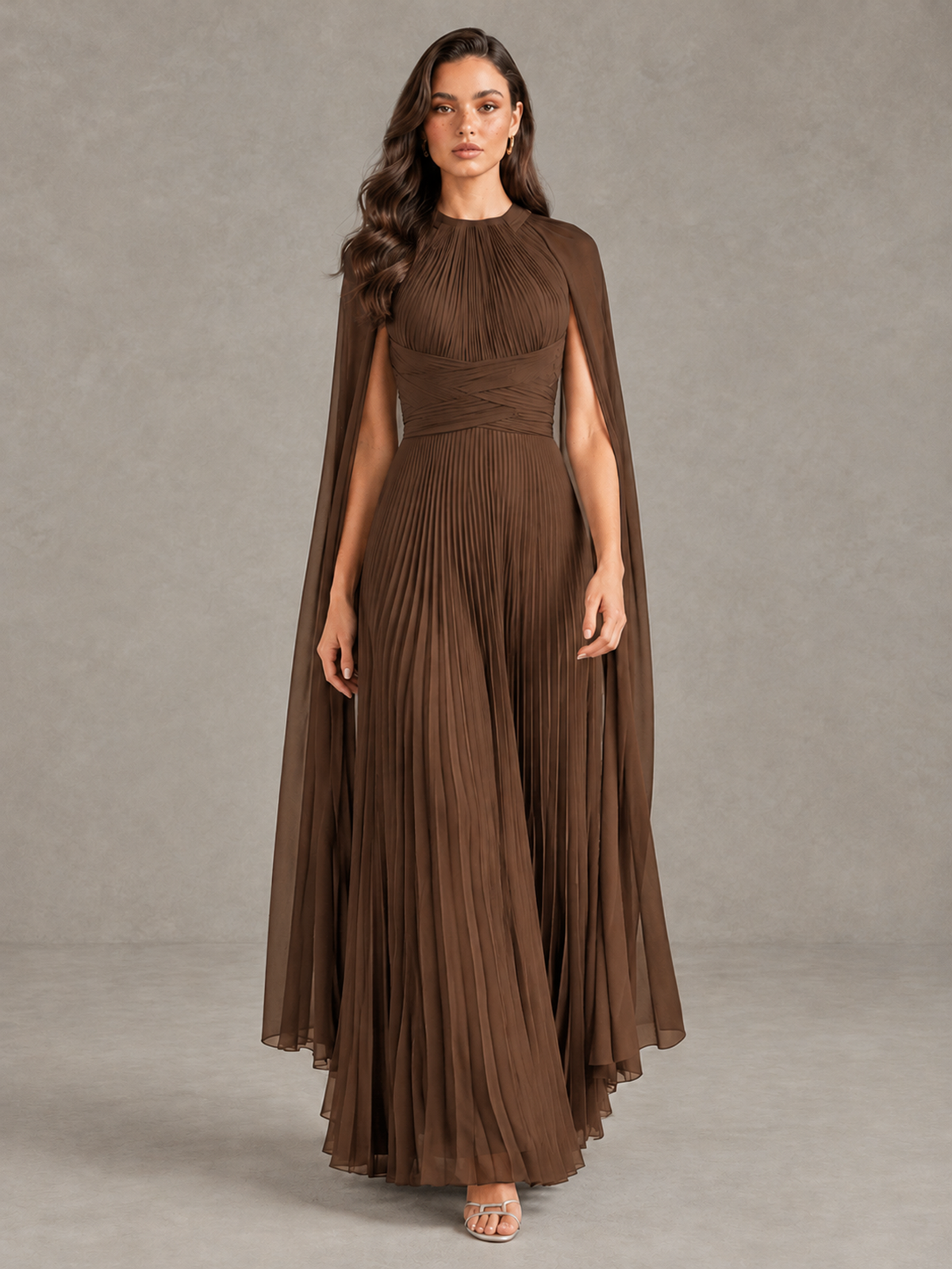 BOLODOO Brown Pleated Cape Maxi Wedding Guest Dress - Brown - Brown (1)